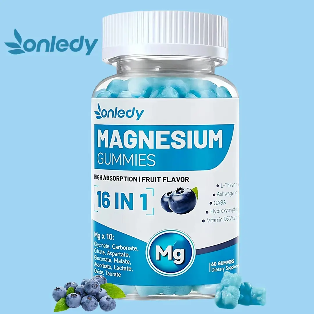 Onledy 16-in-1 Magnesium Gummies L-Theanine Ashwagandha GABA 5-HTP Vitamin D3 B6 Stress Relief Sleep Support Mood Cognitive Health Vegan Non-GMO High Absorption - Fitness