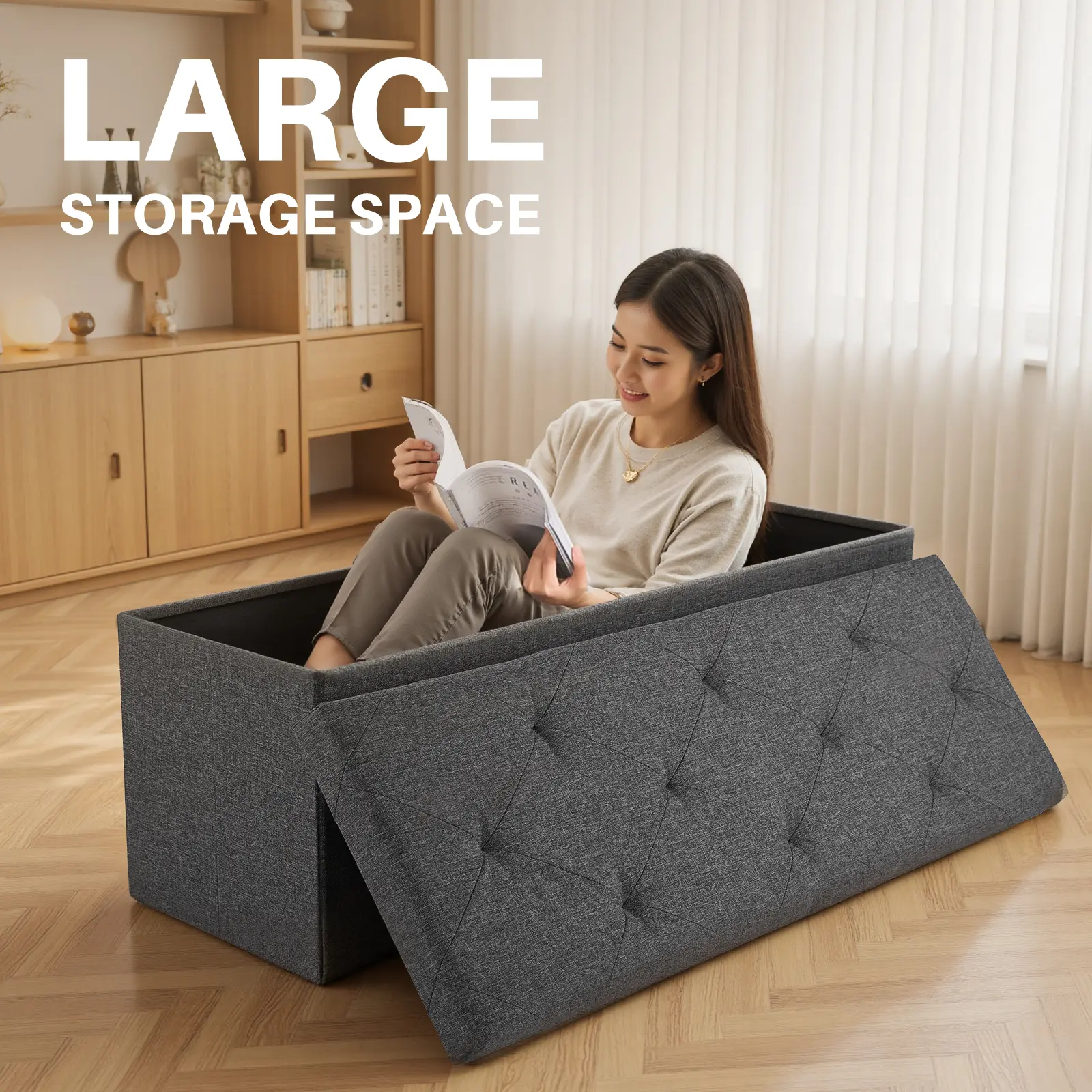 【NEW COLOR】Folding Storage Ottoman Bench, Foot Rest Stool with Padded Seat, Large Toy Box Storage Chest with Seatin, Holds up to 660 lb Living Room Furniture, Foldable Storage Ottoman, Multifunctional Stool