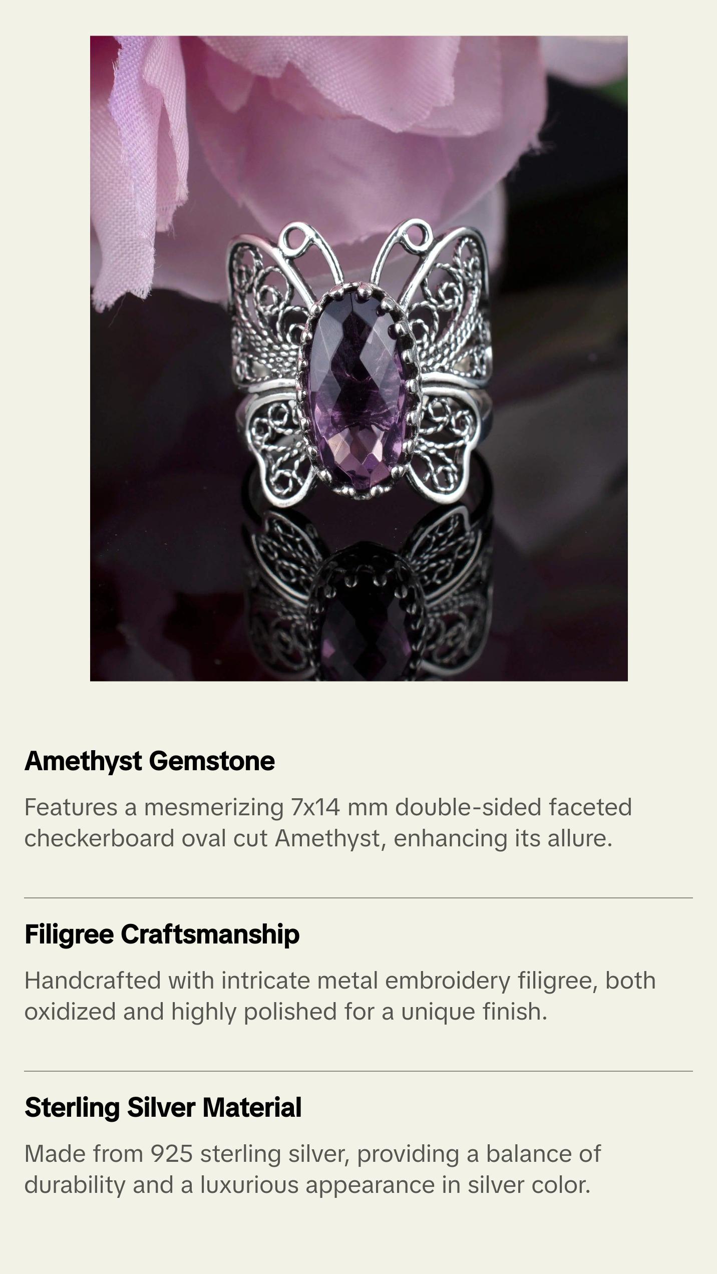 Filigree Art Amethyst Gemstone Butterfly Design Women Silver Cocktail Ring
