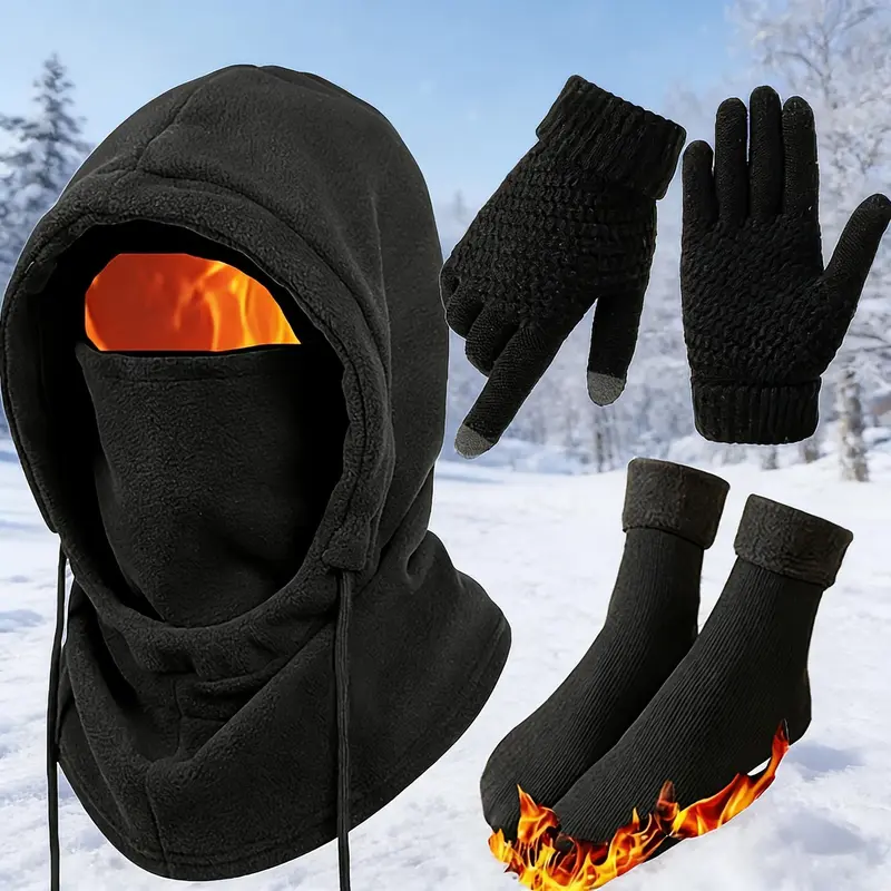 Unisex Adults' 4-Pc Plain Winter Warm Outdoor Wear Set - Windproof Full Face Ski Mask Balaclava, Hooded Jacket, Gloves, Thermal Socks, Biking/Ski Extreme Cold Gear, Hand Washable Ideal Gift