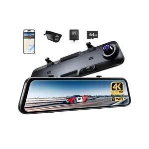 PELSEE 4K WiFi Rear View Mirror Camera, 12" Mirror Dual Dash Cam, ADAS & BSD, GPS, 64GB Card Included, WDR Night Vision, Voice Control
