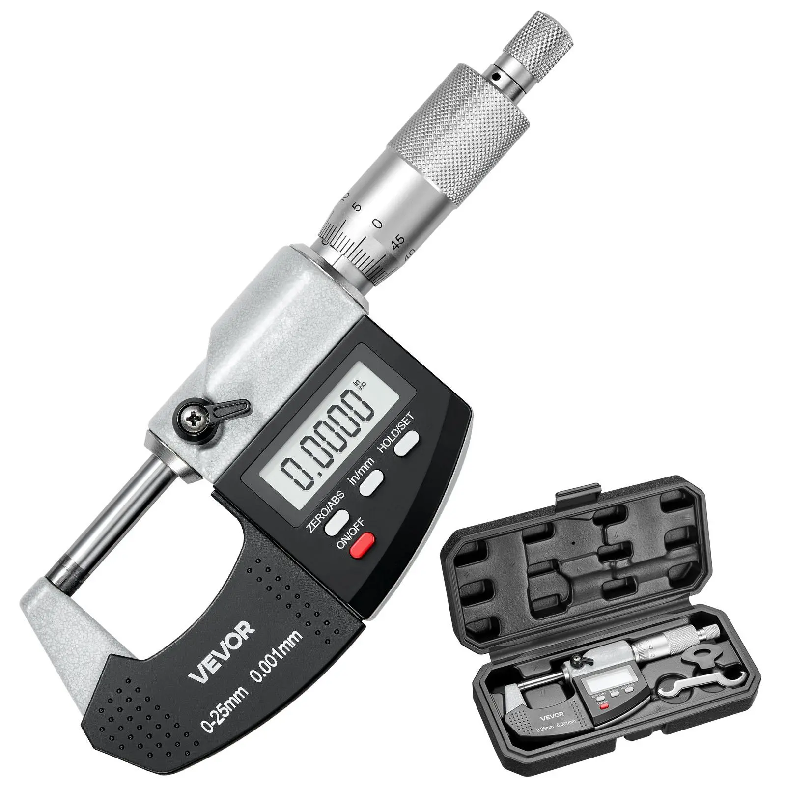 VEVOR Precise Performance Digital Outer Diameter Micrometer (0-1 in) - 0.00005 in Res, 0.0001 Acc, Large LCD, in/mm Switch, Carbide Tip, Data Hold, Auto Off, Cap Key, Metal Sheets Use, Case, 1 Micrometer Wrench, Batteries