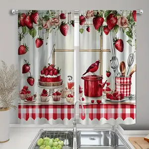 2pcs 2D Flat Printing "Afternoon Tea, Strawberry, Warm Colors, Red and White Plaid Pattern" Machine Washable, Semi-Transparent, Suitable for Bedroom and Living Room Decor, Polyester Fiber Material, Rod Pocket Style Curtains, Small Window