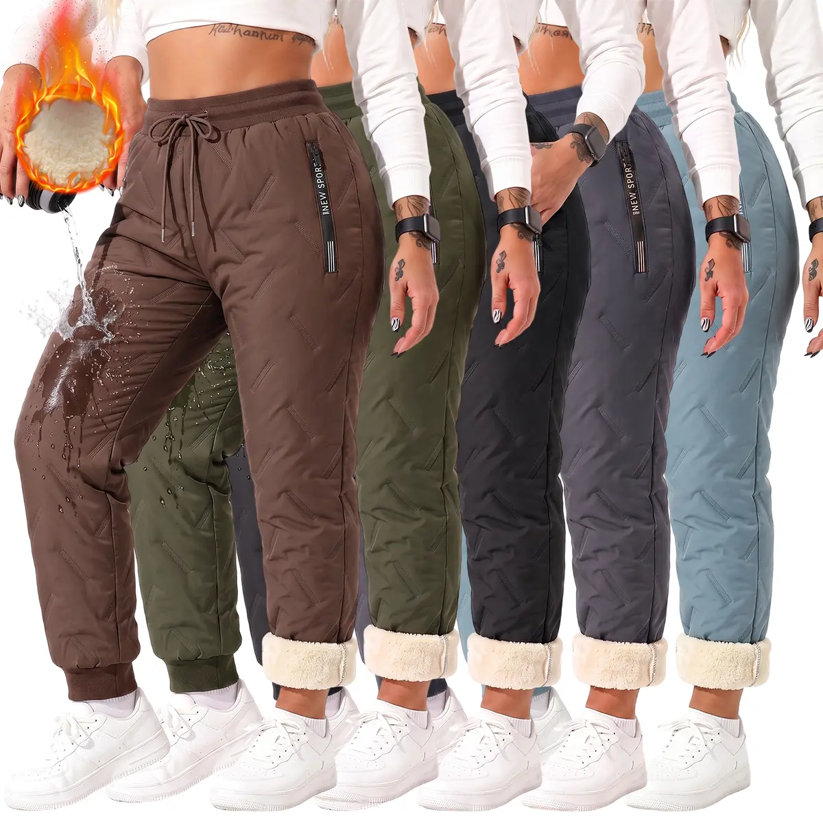 JOGWAVE Women's Fleece-Lined Winter Bottoms - 5PCS Mid-Waist Full-Length Loose-Fit Pants with Zip Pockets, Warm Casual Trousers for Everyday Wear & Outdoor Activities, Christmas Gift