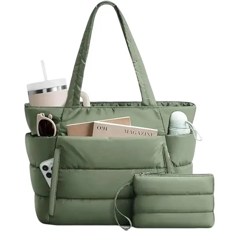 Soft Quilted Padded Waterproof Tote Bag with Matching Pouch - Large Capacity, Multiple Pockets, Lightweight Shoulder Purse for Work, Travel, Casual Fashion Accessory Sets, Tote Bags, Padded Look