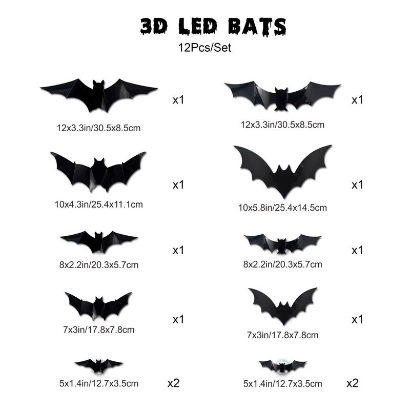 BougeRV 3D Bat Design LED Decorations 12pcs/24pcs Set Spooky Ornaments for Home Party Festival Halloween Easy Install Wall Stickers Smooth Application - Decorative（Non-remote）