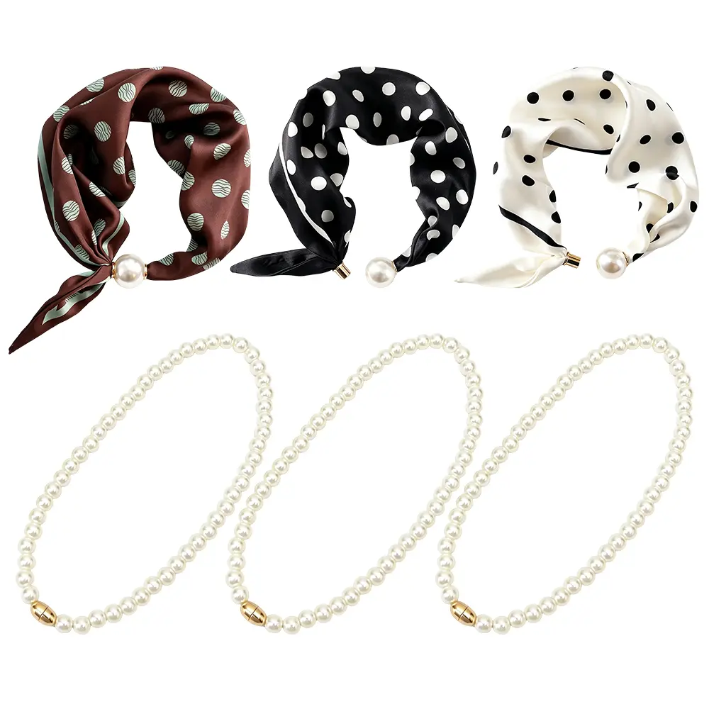 6pcs set Retro Polka‑Dot Satin Small Scarf & Magnetic Pearl Necklace Set, Women Decorative Neck Wrap Hair Scarf Accessory for Daily Wear Dating Travel Outfit Matching