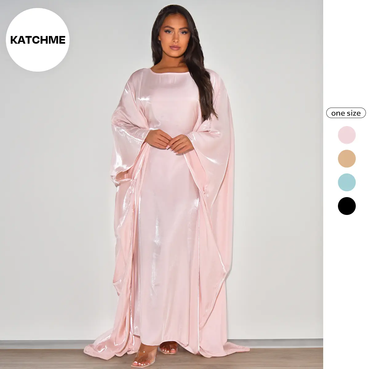 Katch Me Chic Women's Muslim Modest Maxi Dress, Plain Scoop Neck, Loose Long Sleeve, Iridescent Fabric, Casual Elegant Islamic Daily Wear for Ladies & Teens