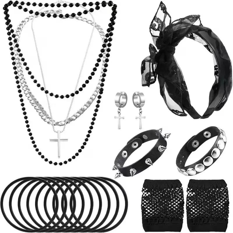 80s Costume Accessories for Women, Punk Fancy Dress Party Kit with Lace Headband Earrings Fishnet Gloves Necklace Bracelet for 80's Retro Themed
