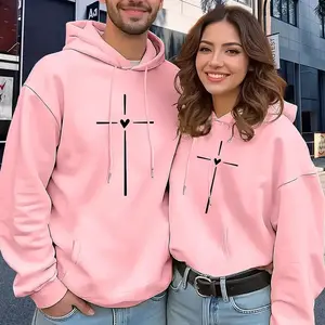 [Made in USA] Faith Love Cross Couple Hoodie, Minimalist Geometric Heart Christian Graphic Pullover Hoodie, Romantic Matching Couple Outfit Streetwear Hoodie, Trendy Pastel Love Hoodie, Anniversary Birthday Gift For Boyfriend Girlfriend