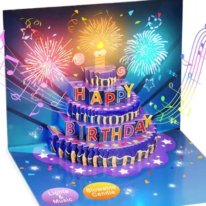Birthday Cards Fireworks Pop Up Cake Blowable Light and Music Happy Birthday Card Gift