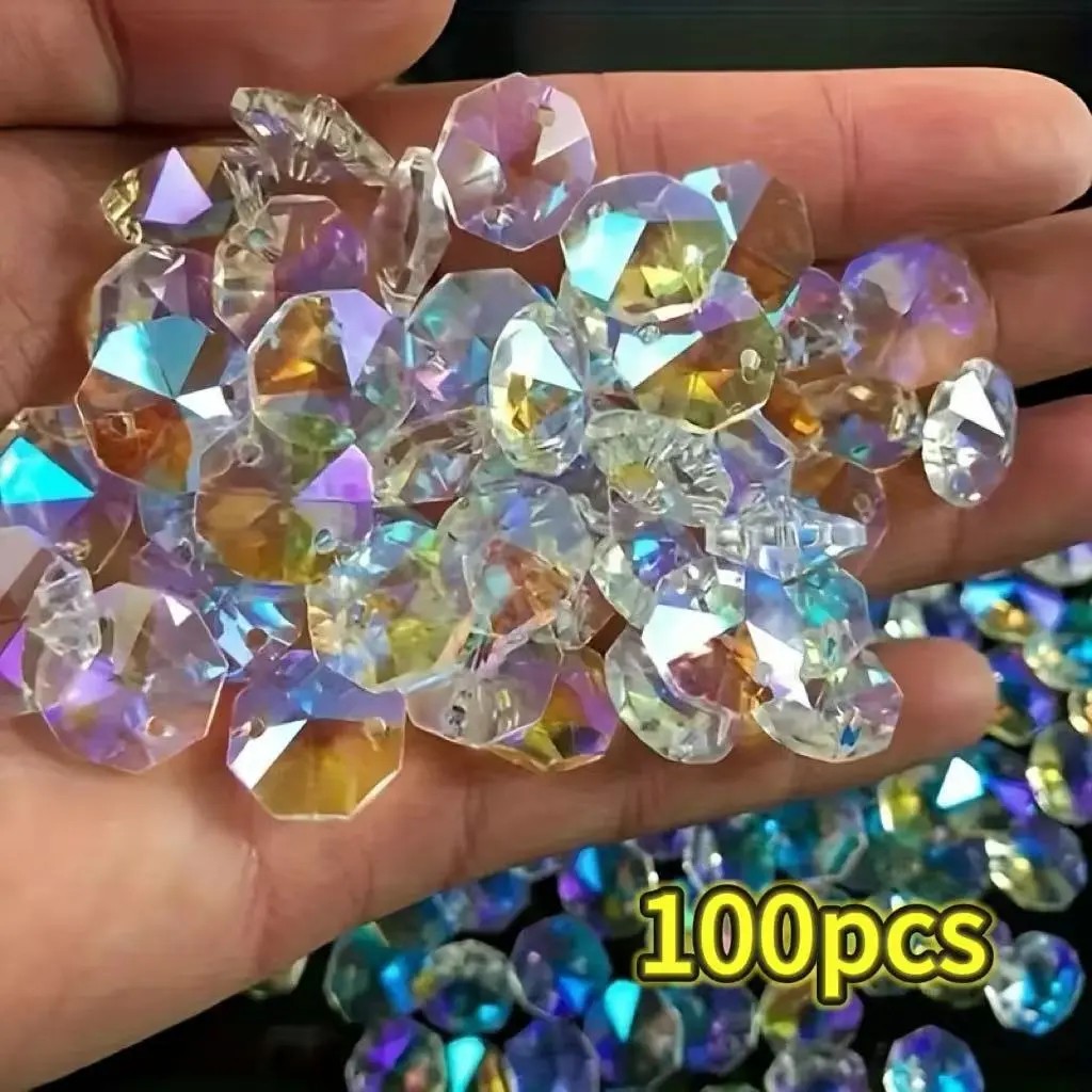 100pcs 14mm Dual-Hole Octagonal Colorful Glass Crystal Rainbow Prism Beads, Capture Sunlight, Perfect for DIY Crafts, Diy Mix Beads