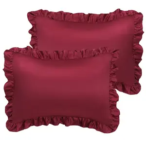 PiccoCasa Satin Pillow Cases for Hair and Skin, 2-Pack-Ruffled Pillow Shams Oxford Pillowcases Covers with Envelope Closure Burgundy Standard (20x26inch + 3inch Hem)