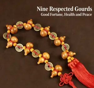 Peachwood Gourd Pendant, Nine Supreme Gourds with Five Emperors' Coins for Door Decoration, Feng Shui Accessories