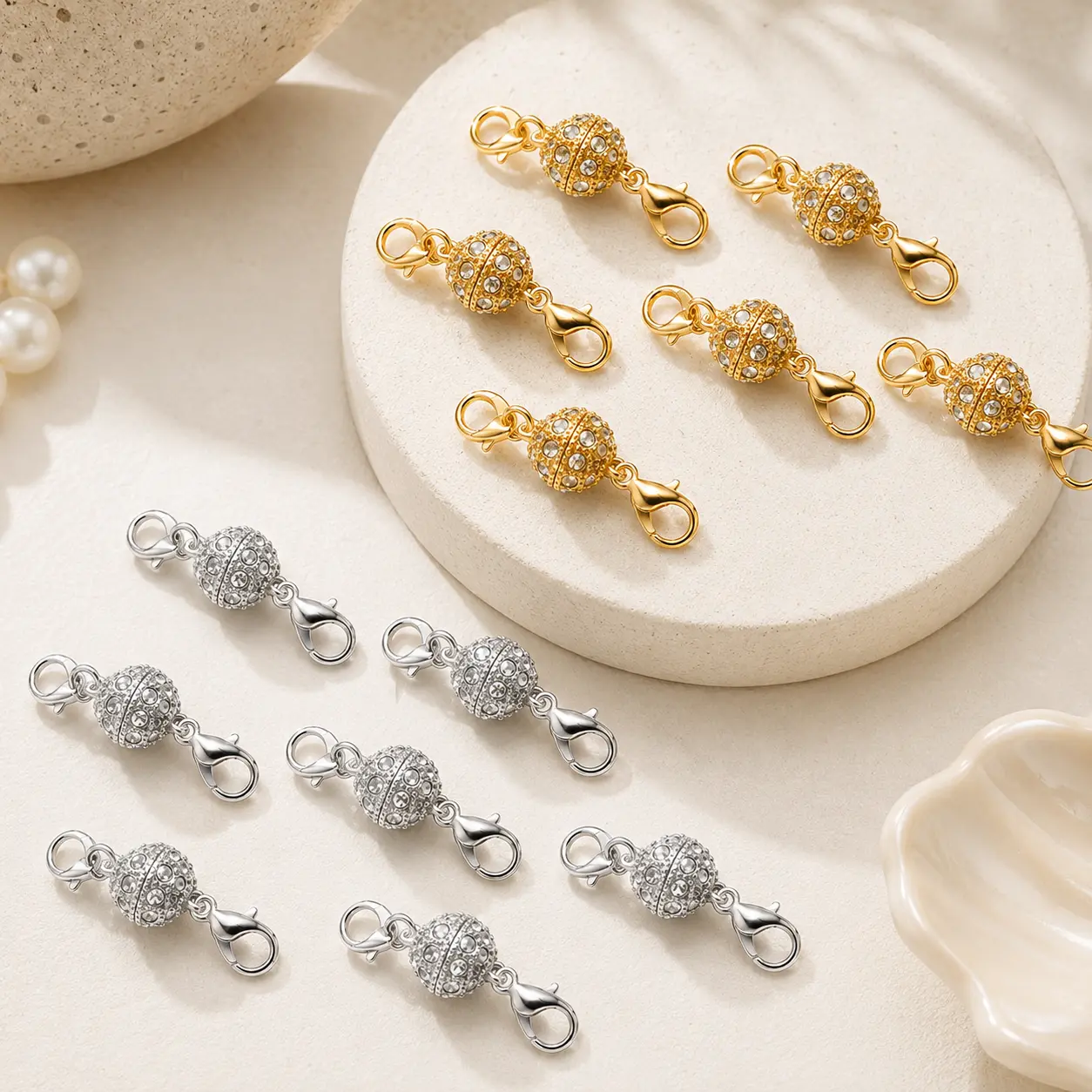 Magnetic Necklace Clasps & Closures Set (12 Pcs) - Gold/Silver Plating, Stainless Steel Charm + Jewelry Extender, Strong Magnet