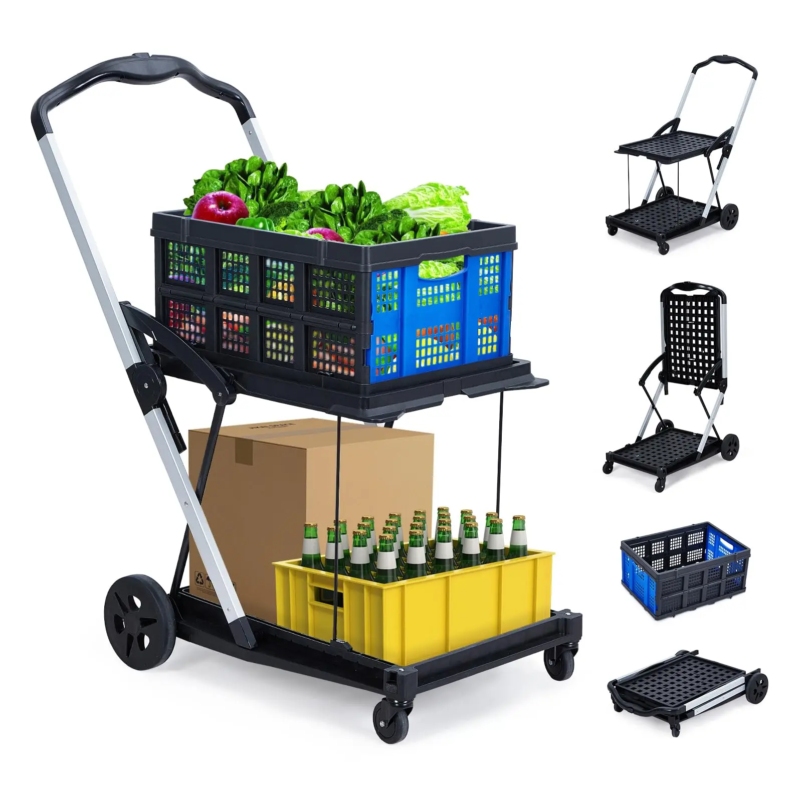 2-Tier Foldable Shopping Cart, Heavy Duty Utility Trolley with 198LB Load Capacity, Wheels & Detachable Storage Crate for Home Supermarket Daily Shopping