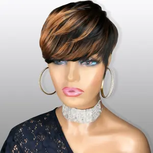 Pixie Cut Wig Human Hair for Women Highlight Brown Short Straight Wigs 100% Real Human Hair Pixie Cut Wig with Bangs Layered Virgin Hair Glueless Natural Short Wig (9149-1B/30)