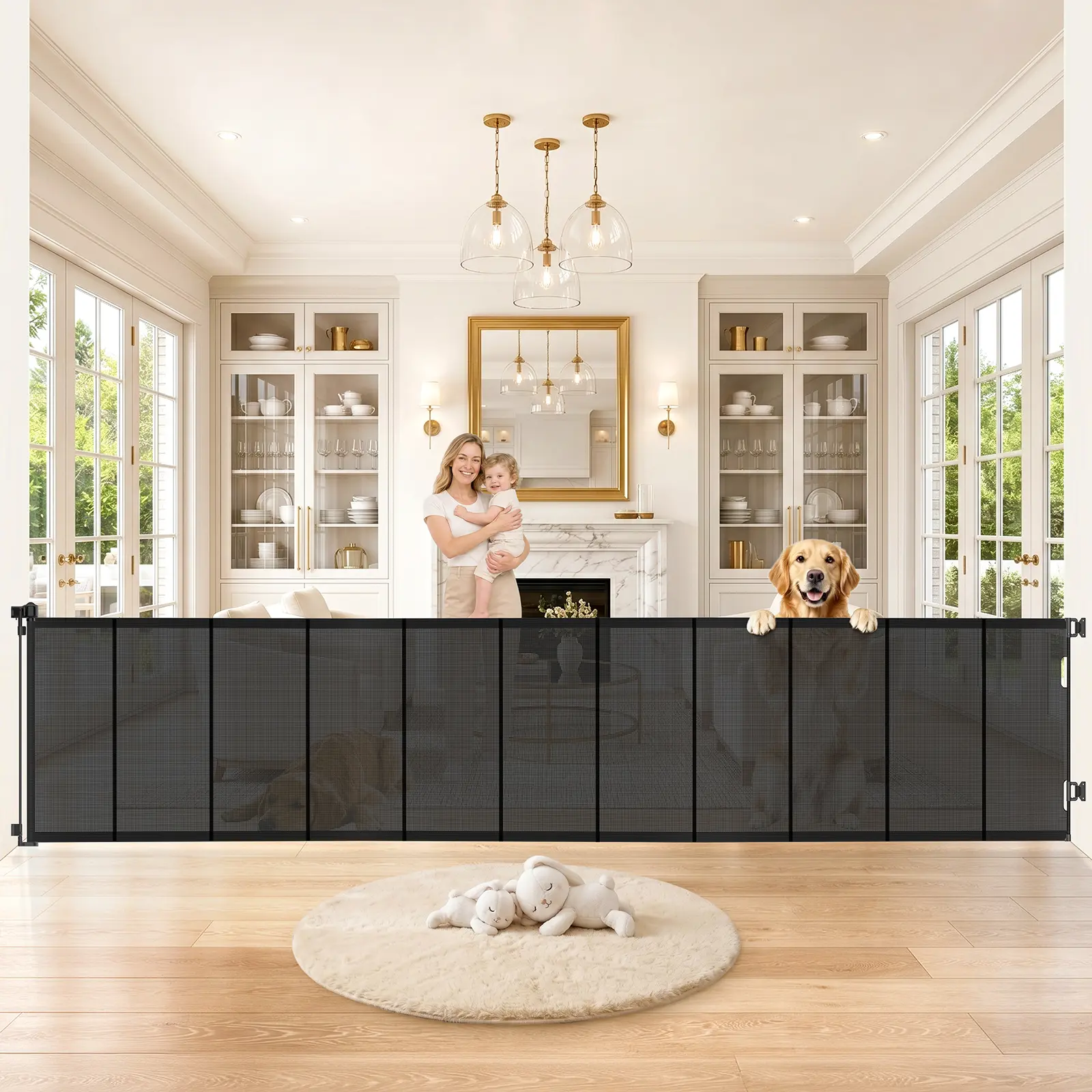 Pawtners Plastic Extra-Wide Retractable Secure Mesh Guard Safety Barrier - 34" Tall, Sliding Door with Knob, 1-Hand Op, Expands 46"-200" for Large Openings, Kitchen, Stairs, Porch (For Babies, Dogs)