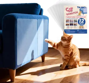 12PCS Cat Scratch Furniture Protector, Single Sided Couch Protectors Tape from Cats Claws Scratching, Transparent Sticky Sheets Proof Clawing Sofa Corner Protection Cover Anti Scratch for Furniture