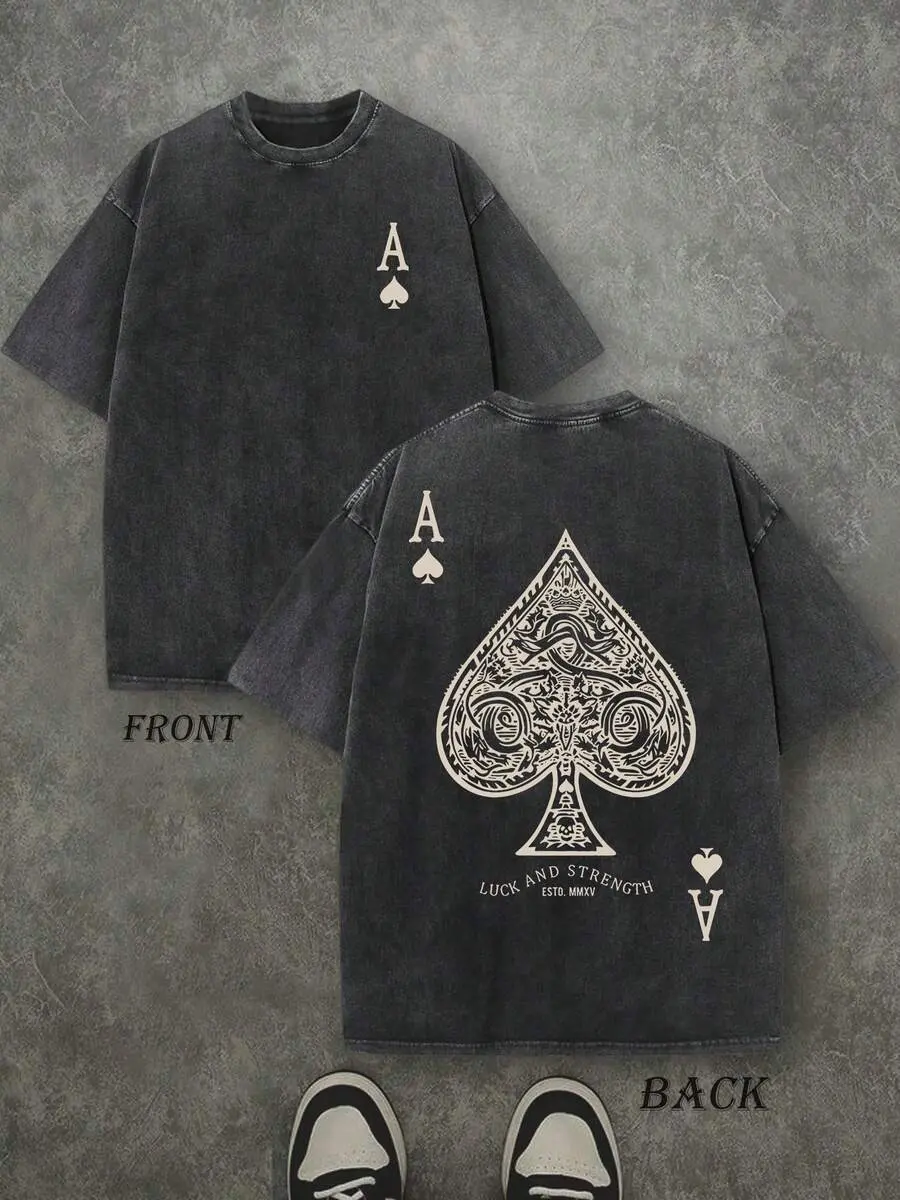 Vintage Ace of Spades T-Shirt, Washed Black Cotton Oversized Short Sleeve Tee, Retro Poker Card Graphic Casual Crewneck Shirt for Men Women