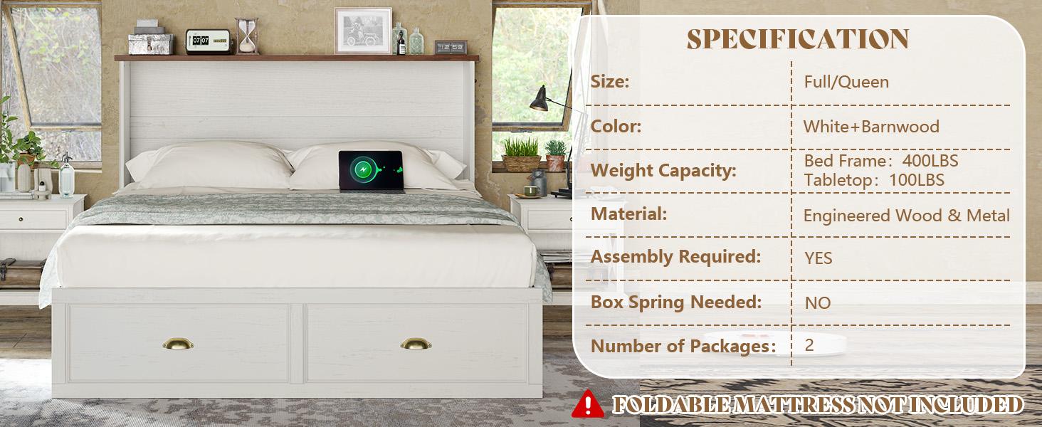 [Ships in 2 Boxes] VanAcc Murphy Bed, Farmhouse Cabinet Bed Frame with Charging Station and Storage Drawer for Bedroom/Office/Guest Room