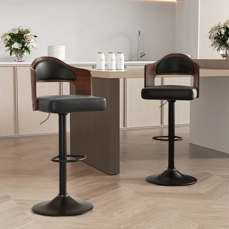 Swivel Bar Stools Set of 2 Seat Adjustable Height 24.5-33.5IN, Wooden Barstools PU Leather Upholstered Bar Chairs with Back & Footrest for Bar Kitchen Dining Room