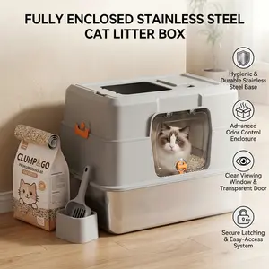 Stainless Steel Enclosed Cat Litter Box with Lid, Large High-Sided Metal Design, Side Entry Door, Leak-Proof & Odor Resistant, Includes Scoop, 23.62” x 15.75” x 15.75”