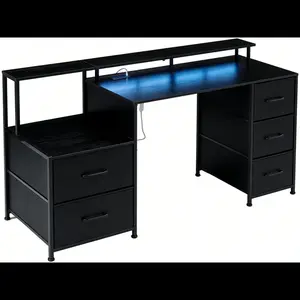 67'' Computer Desk with 4 Drawer, Printer Cabinet and Power Outlet