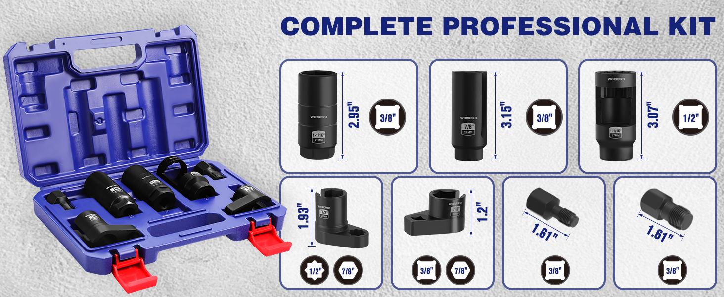 #SpringGlowUp WORKPRO 7-Pack O2 Oxygen Sensor Socket, Automotive 3/8" 1/2" Drive x 1-1/16" 7/8" 27mm 22mm O2 Sensor Socket Removal Tool Wrench and Thread Chaser Set, for Oil Pressure Vacuum Thermal Oxygen Sensors