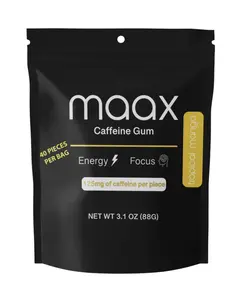 Maax Caffeine Gum | 125mg per piece | 40 pieces per bottle | Tropical Mango | Energy and Focus