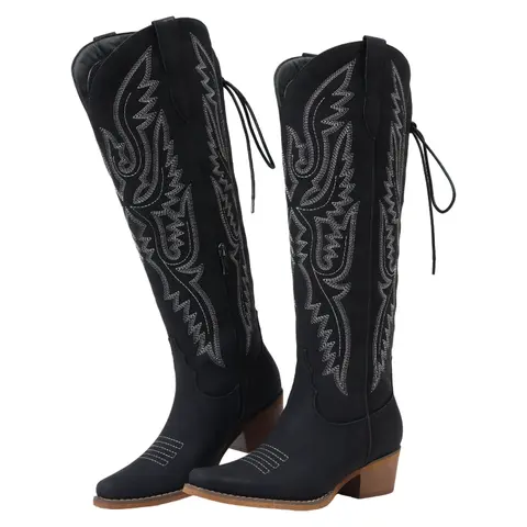 Women's Classic Western Knee-Length Cowboy Boots - Embroidered Pointed Toe, Block Heel, Wide Calf, Side Zipper, Suede-Like, Lace Decor, Rubber Sole, Western Booties, Outdoors, All Seasons, Embroidery, Shoe