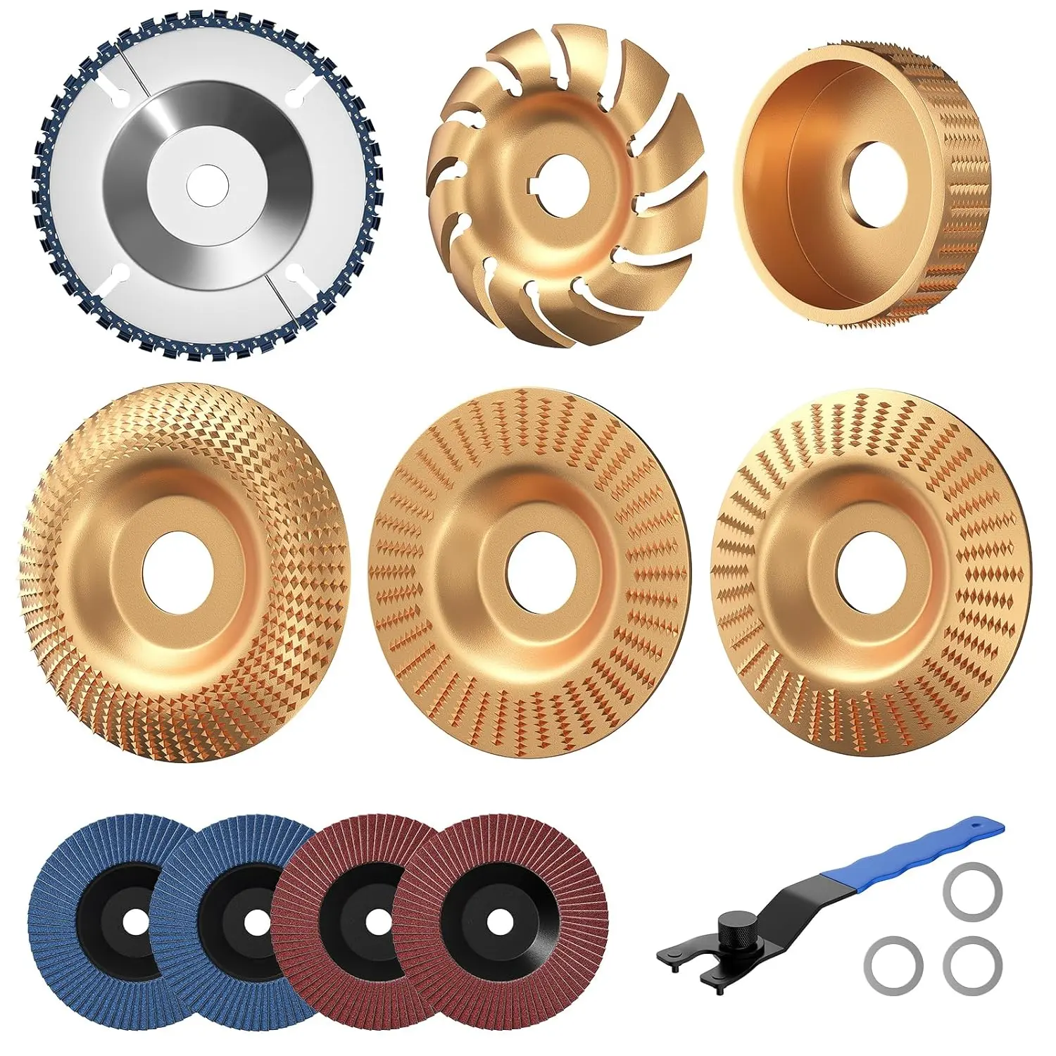 11PCS Wood Carving Disc Set for 4" & 4-1/2" Angle Grinder – Wood Cutting, Carving & Grinding Kit with Chainsaw Disc, Wood Shaping Discs, Flap Sanding Wheels, Adapter Rings & Wrench abrasive tools intelligent diamond accessory shank  concrete