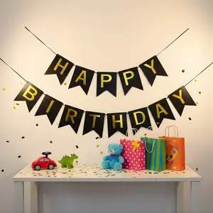 Black Happy Birthday Banner Gold Foil – Modern Toy Party Garland | LamaMoon