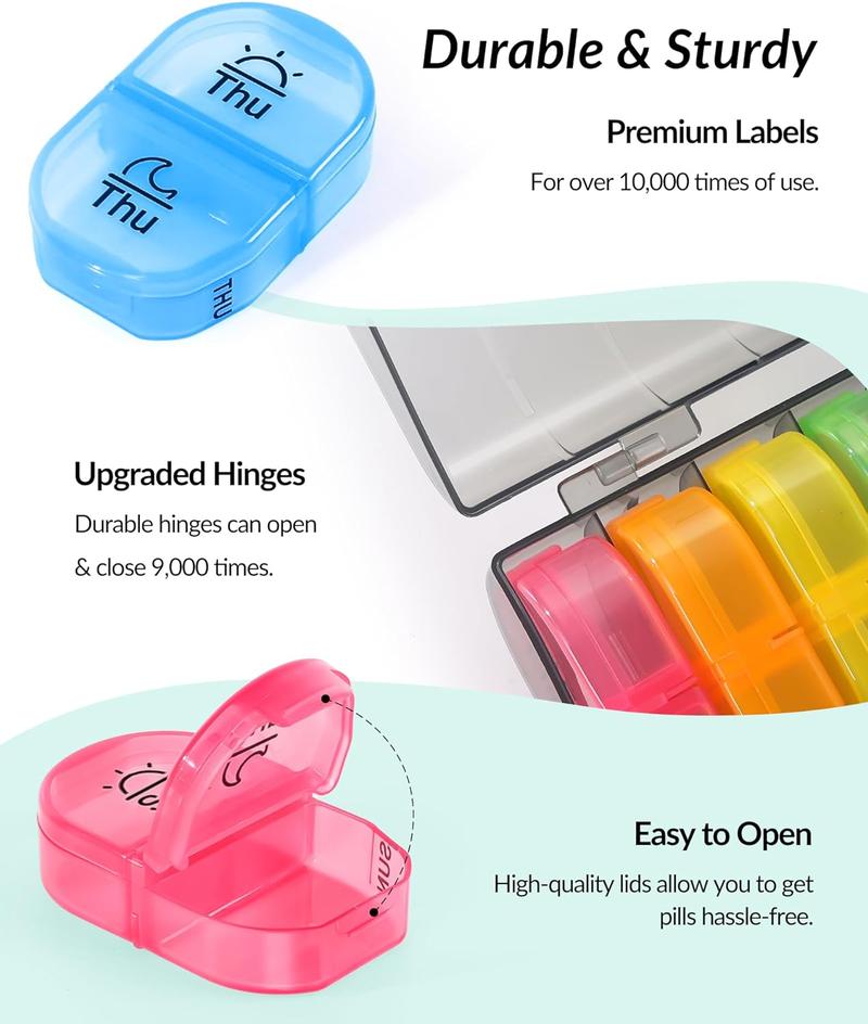 Weekly Pill Organizer 2 Times a Day, AM PM Pill Box with 7 Detachable Pill Case, BPA-Free & Portable 7 Day Pill Organizer with Large Storage to Hold Medication, Vitamins and Fish Oils