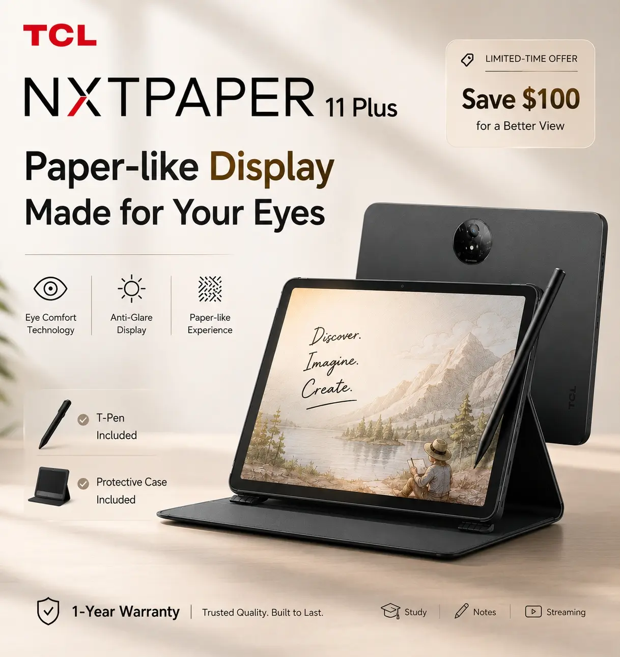 TCL NXTPAPER 11 Plus Android Tablet, 11.5" 120Hz 2.2K Drawing Pad & Digital Notebook, Stylus & Flip Case Included, NXTPAPER 4.0 Display, AI Tools, 8+8GB RAM, 256GB Storage, 8000mAh Battery, Onyx Black tiktokshopbacktoschool