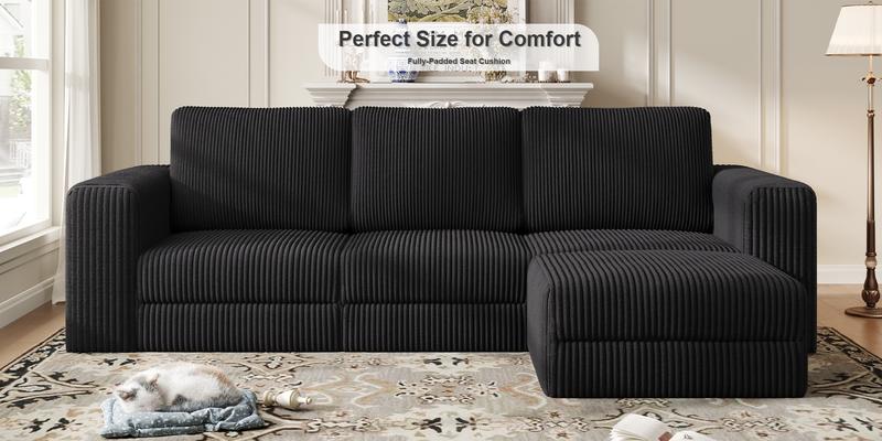 【Valentine's Day gift】ONBRILL 3 Seater 110" Comfy Corduroy Cloud Modular Couch with Chaise(2 Packages Shipping), L-Shaped Sectional Sofa Couch with Deep Seat, Modern Upholstered Couches for Livingroom Bedroom Furniture, No Assembly Required,DIY,Breathable