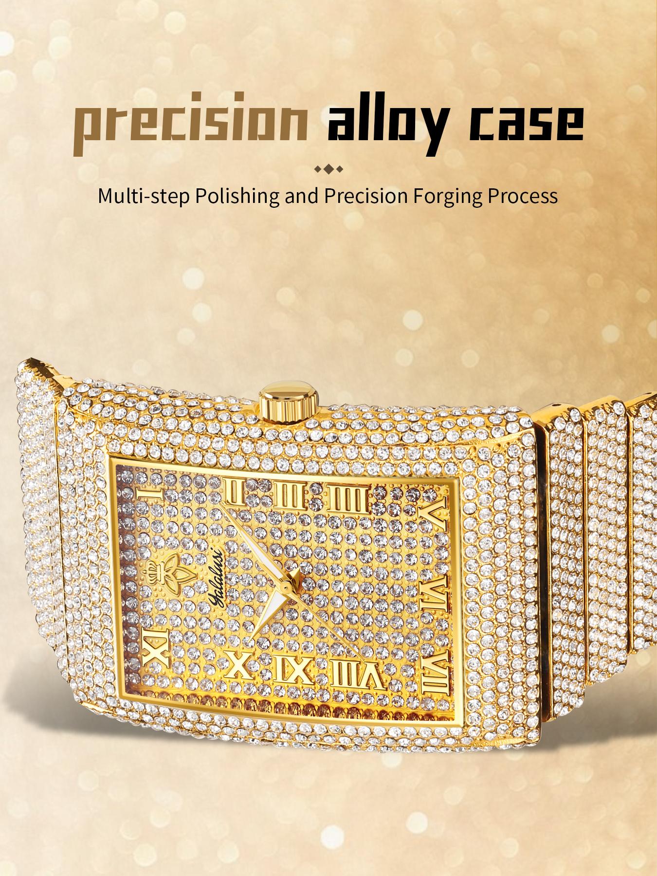 Unisex  Square Synthetic Cubic zirconia  Watch golden & Silver Iced Out Bling Waterproof Luminous Adjustable Perfect Gift for Him & Her LX1082G