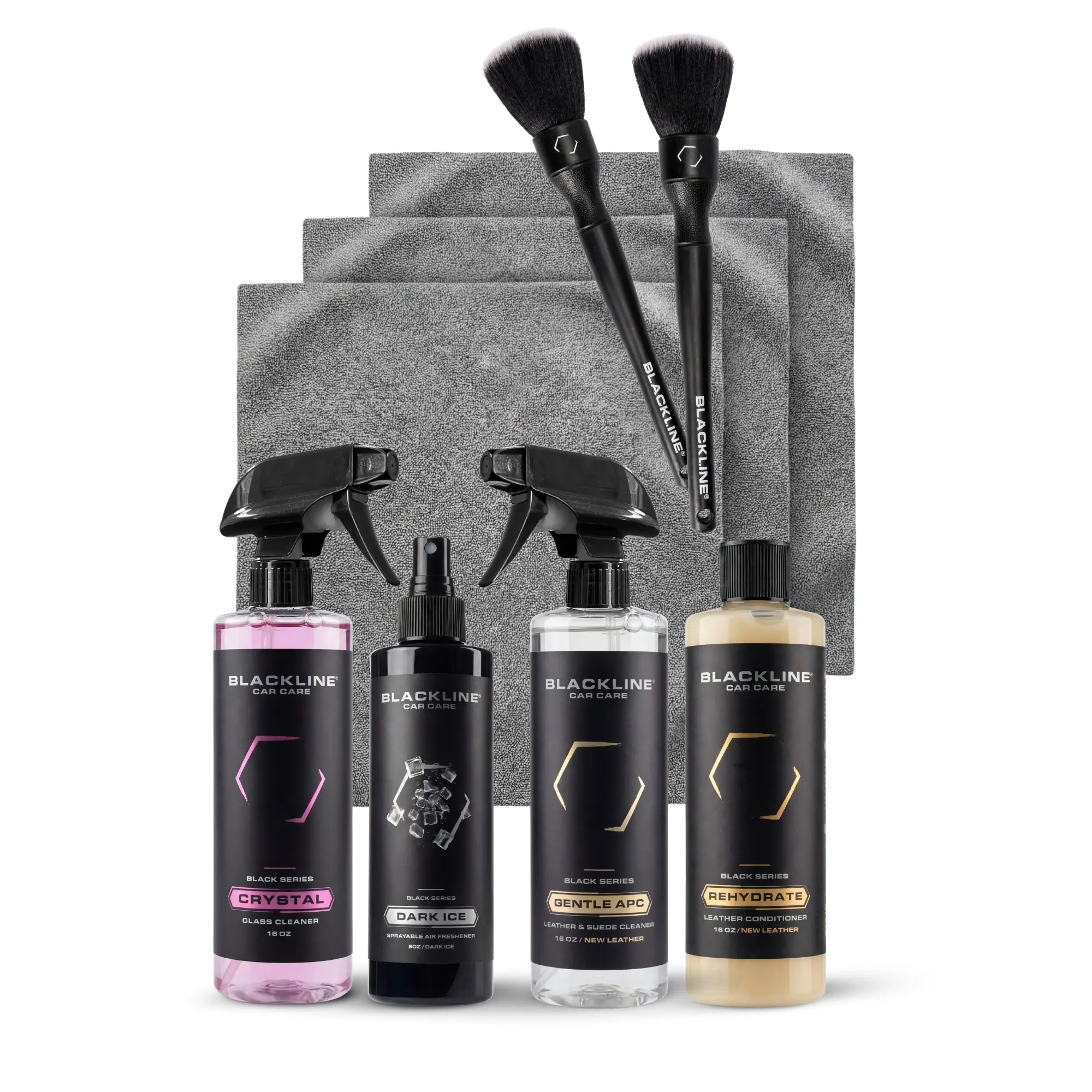BLACKLINE Pre-Bundled Car Cleaning Kit Set - Automotive Detailing Product, Complete Interior Care Car Cleaning Supplies with Surface Cleaner, Leather Conditioner, Glasscleaner, Microfibers, Brushes, Vanilla Bean & Teakwood Air Freshener
