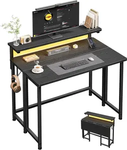 【College & Apartment Essentials】31.5’‘ Compact Foldable Writing Table with Monitor Stand,Gaming desk for Tiny Room,Sturdy Folding Computer Desk with LED for Bedroom, Home-Office Desk with Hooks,Essential Items for Apartment,39.4''W x 18.9''D x 35''H,Black