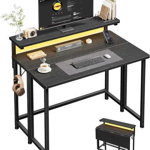 【College & Apartment Essentials】31.5’‘ Compact Foldable Writing Table with Monitor Stand,Gaming desk for Tiny Room,Sturdy Folding Computer Desk with LED for Bedroom, Home-Office Desk with Hooks,Essential Items for Apartment,39.4''W x 18.9''D x 35''H,Black