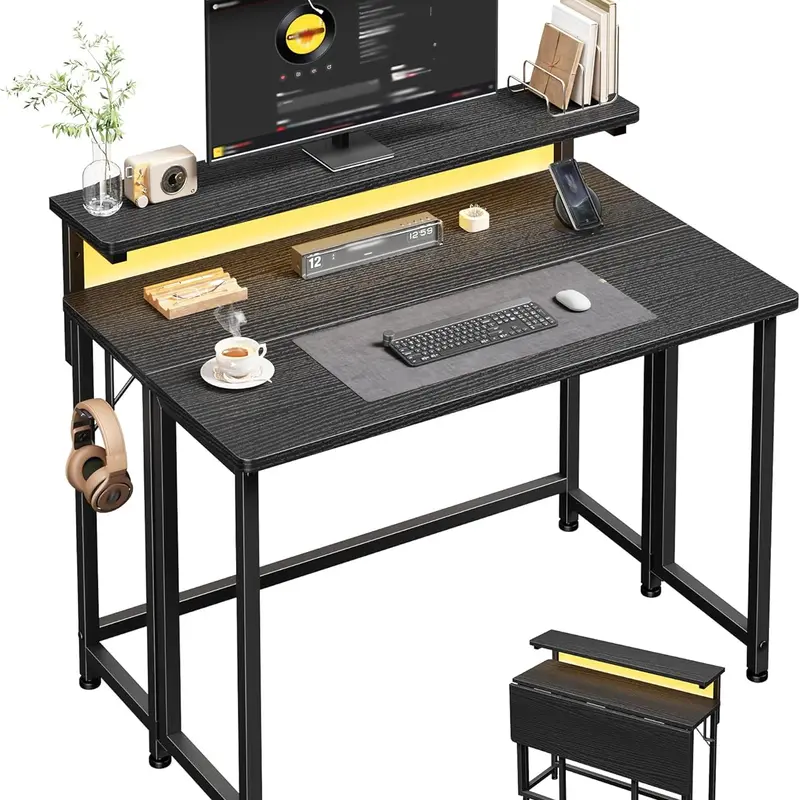 【College & Apartment Essentials】31.5’‘ Compact Foldable Writing Table with Monitor Stand,Gaming desk for Tiny Room,Sturdy Folding Computer Desk with LED for Bedroom, Home-Office Desk with Hooks,Essential Items for Apartment,39.4''W x 18.9''D x 35''H,Black