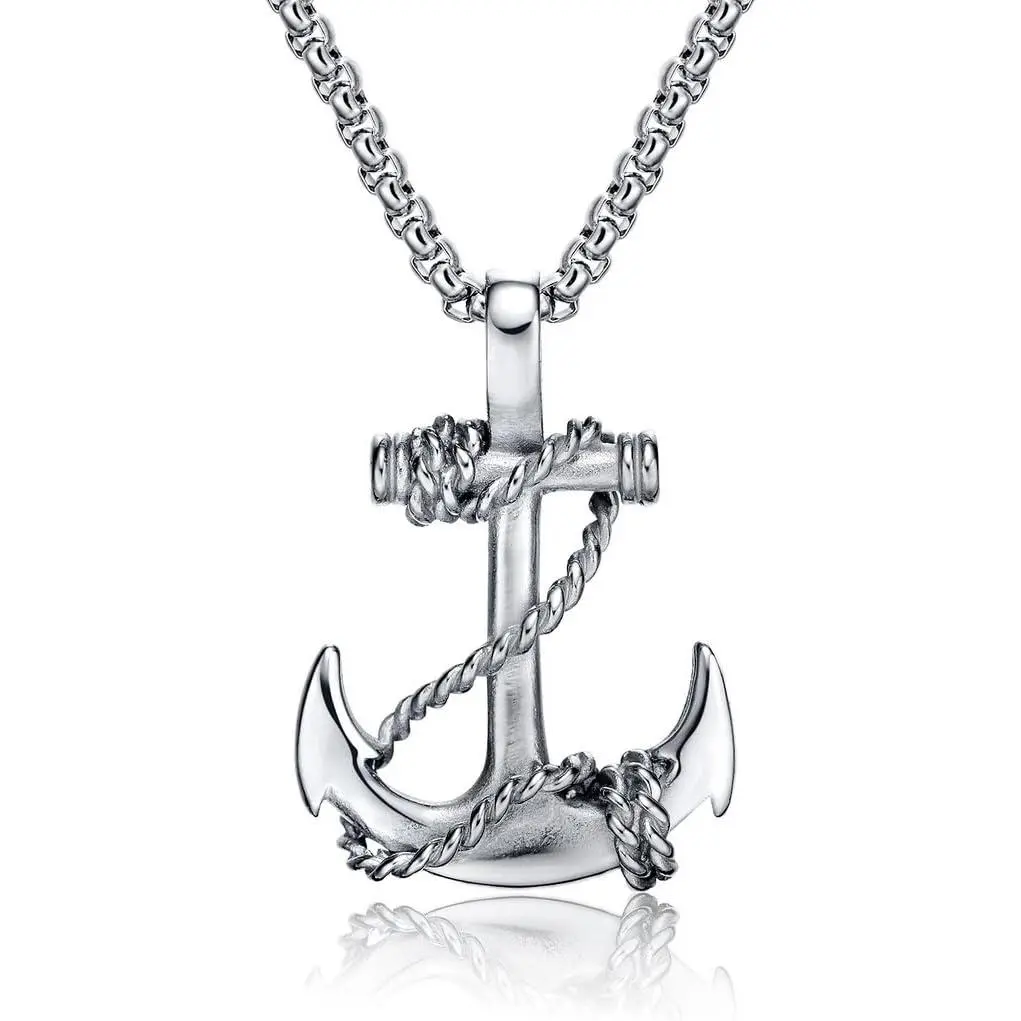 Men's Stainless Steel Anchor Necklace - 21.6 in Vintage Navy Nautical Pirate Motif Pendant Chain, Fashion Statement Accessory for Nautical, Pirate Motif Styles, Pirate Motif Necklaces, Anchor Necklaces