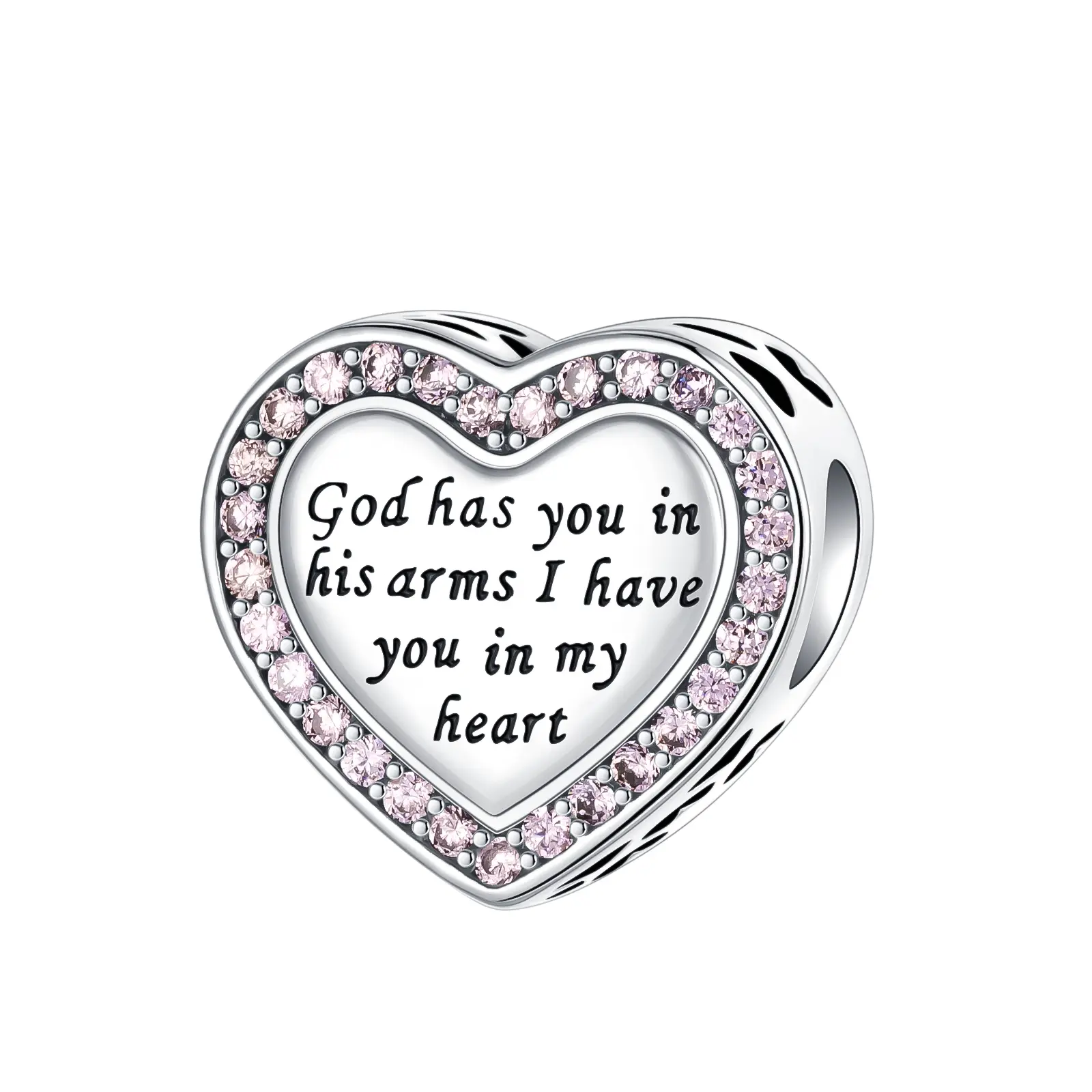 925 Real Silver Memorial Heart Charm Bead - Pink Engraved "God has you in his arms" Bracelet Accessory, Sympathy Bereavement Keepsake Gift, 925 Sterling Silver Engraved Charms & Pendants, 925 Real Silver Charms & Pendants