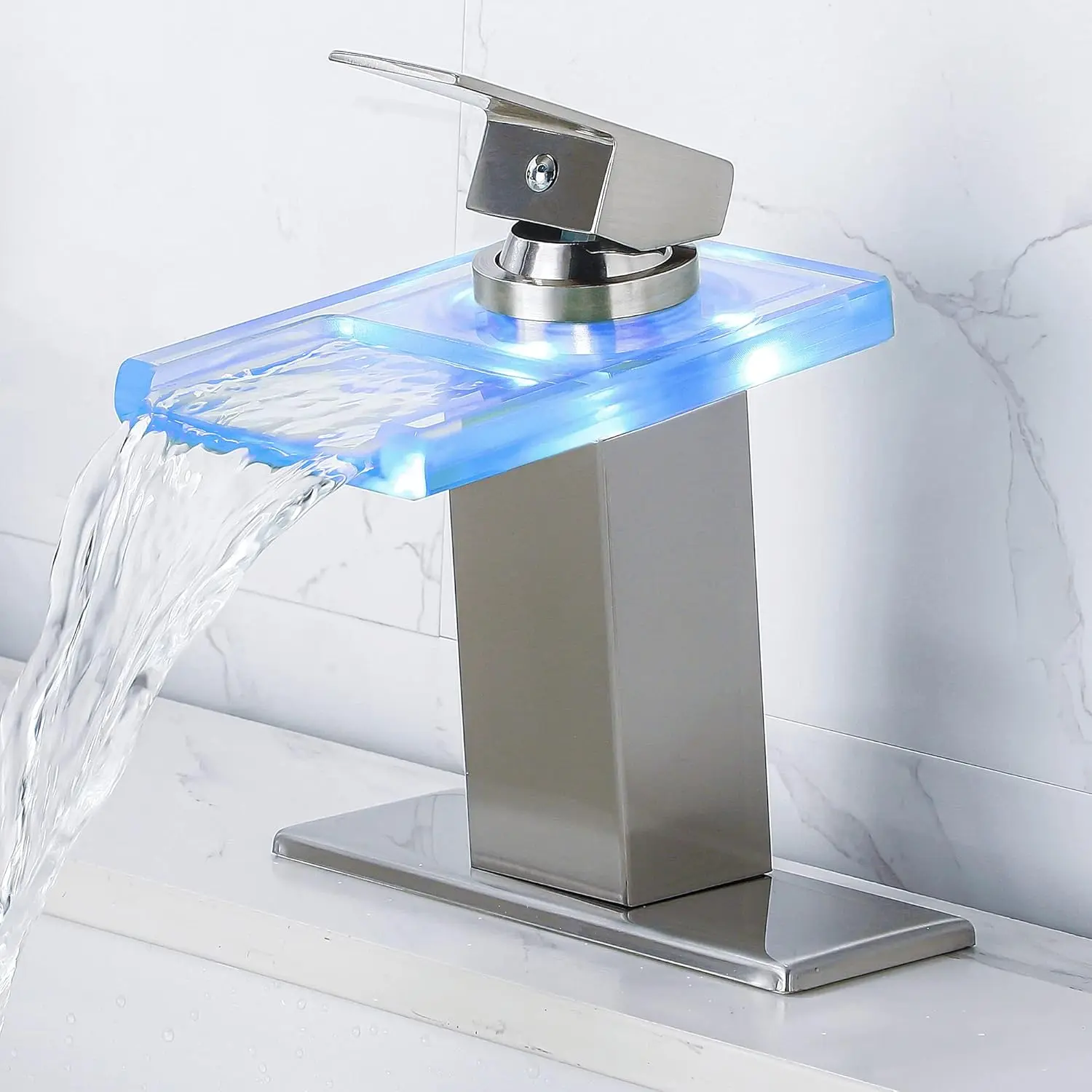 Brushed Nickel LED Stainless Steel Bathroom Sink Faucet - Single Hole or 4 in Centerset Waterfall Tap with Glass Spout, Temperature-Sensitive Lights, Leakproof Ceramic Valve, Easy Installation, Deck Plate Included, Stainless Steel Faucet