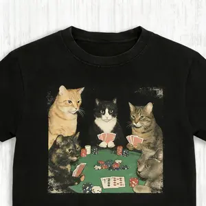 Funny Cat Royal Flush Cringe Meme T-Shirt, Novelty Animal Print, Relaxed Fit Casual Style, Lightweight All-Season Comfort, Durable Print Unisex Streetwear