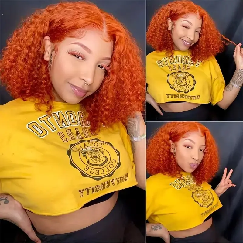 VRbest Female 13x4 Glueless Lace Front Thick Graduation Deep Wave Human Hair Wig, 180% Density 100% Virgin Orange Ginger 350# Pre-Plucked Wet and Wavy Short Bob Wig for Women