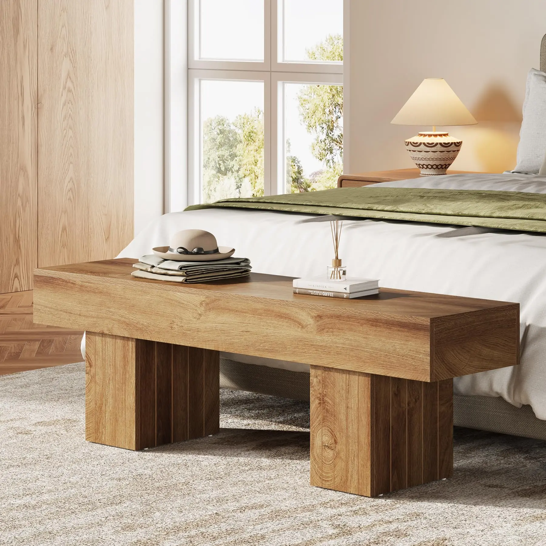 Tribesigns Farmhouse Wooden Bench 55" for Dining Room, Bedroom, Kitchen, Light Brown Entryway & End of Bed