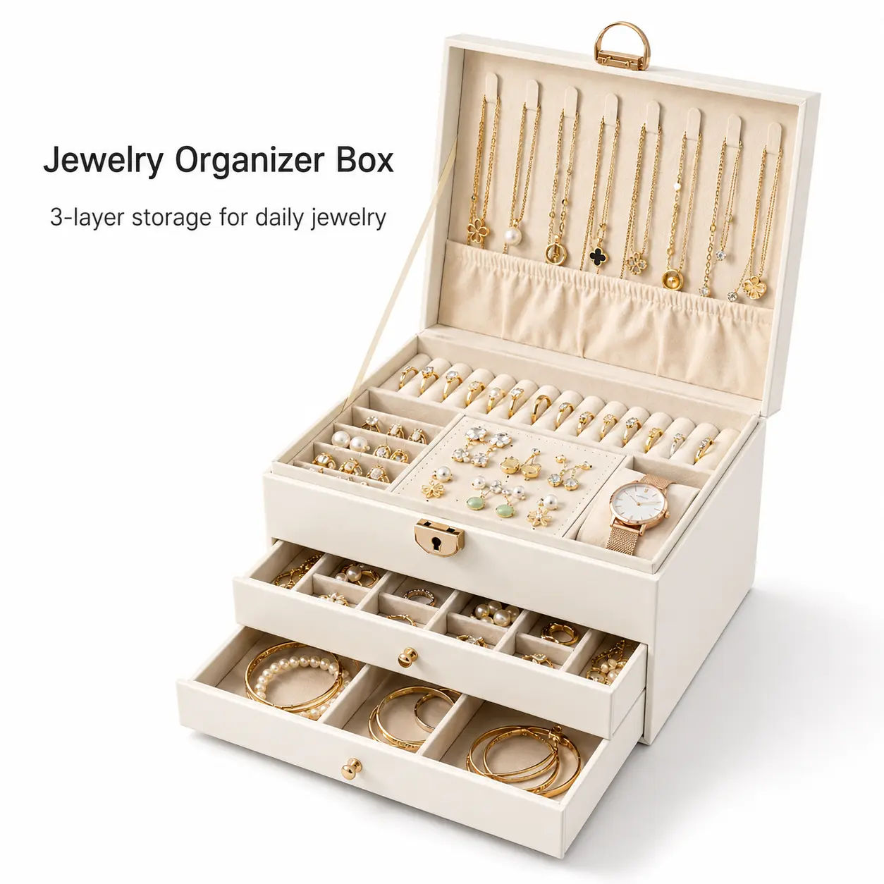 3-Layer Jewelry Organizer Box with Drawers, Large Capacity Jewelry Storage Case for Rings, Earrings, Necklaces, Bracelets and Watches, Gift for Women