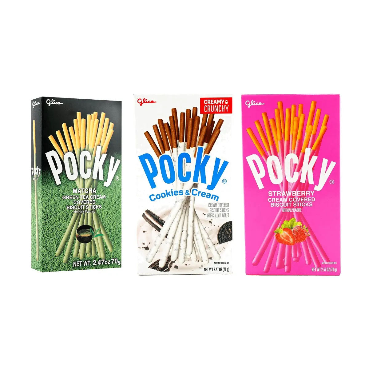 3 Pack GLICO POCKY Cookie Sticks - Matcha + Cookies Cream + Strawberry Cream 7.41 oz, Japanese Snack