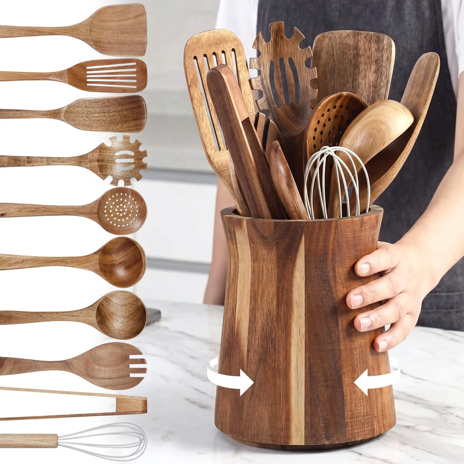 360° Rotating Wooden Utensil Holder Acacia Wood Kitchen Organizer Farmhouse Countertop Decor Wooden Rotating Utensil Crock Large Capacity Kitchen Tool Storage 360° Spin for Easy Access
